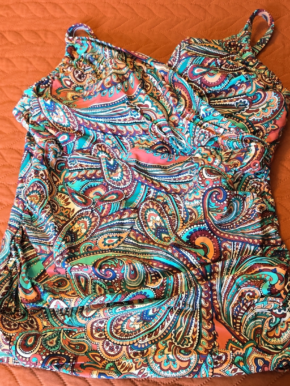 Sunset Women's Paisley Print Tankini Top - Coral & Teal